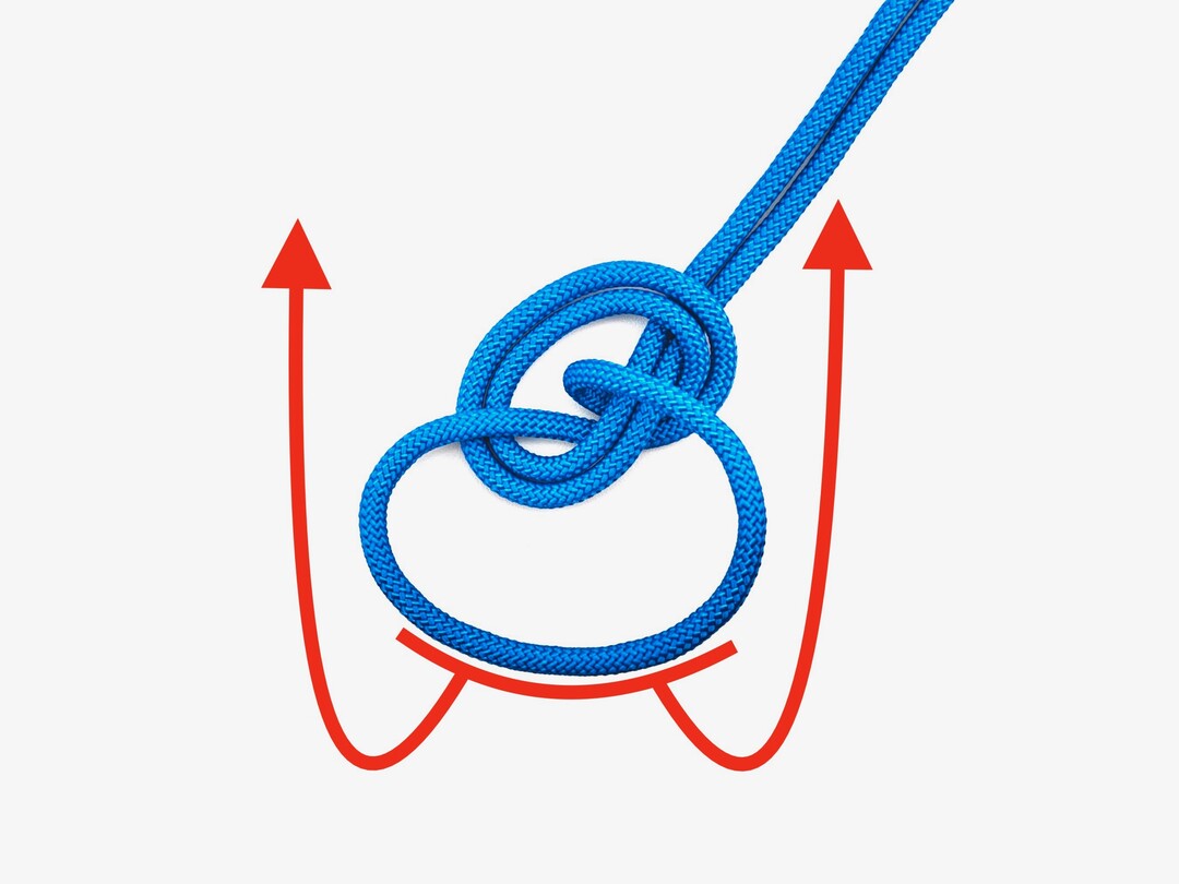 Step 5 of tying the Bowline on the Bight knot - detailed visual instruction