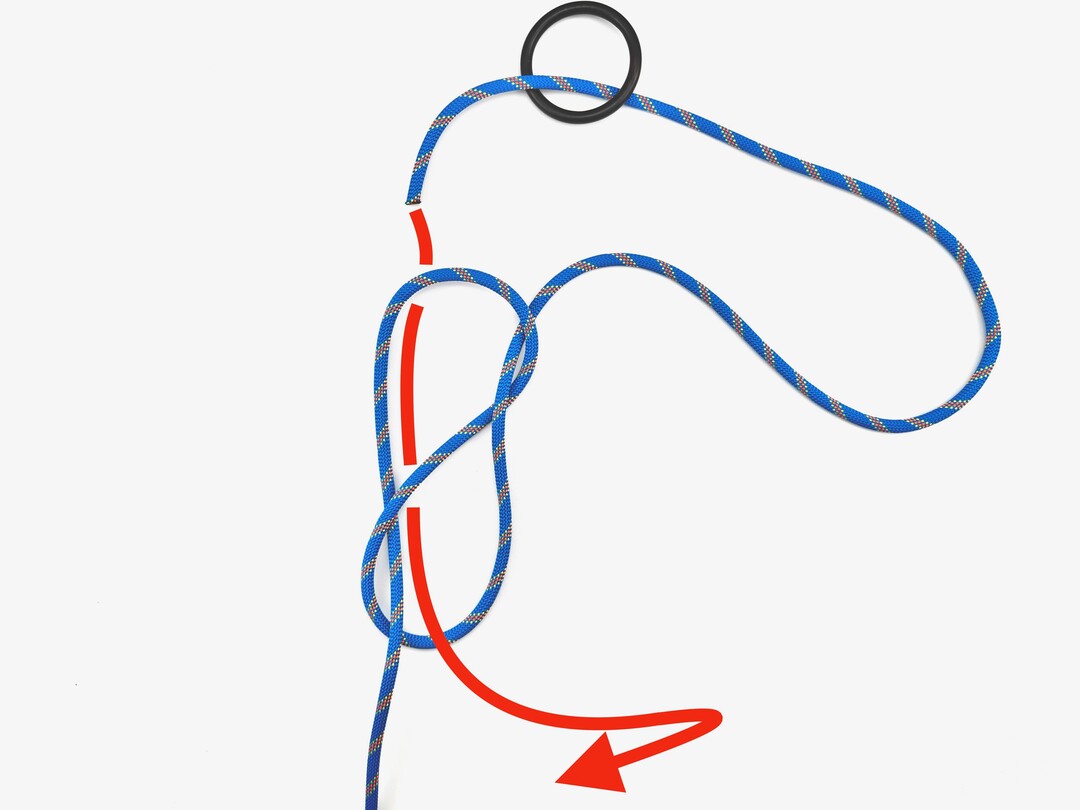 Step 4 of tying the Figure Eight Follow Through knot - detailed visual instruction
