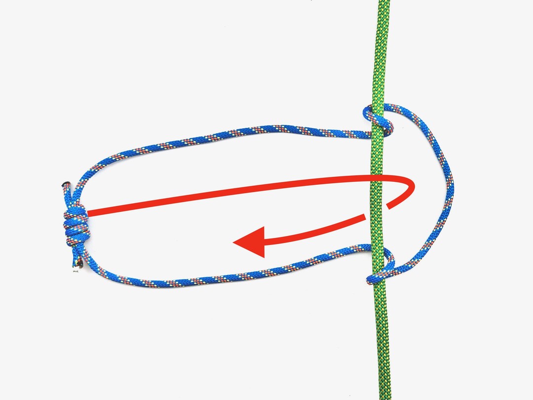 Step 3 of tying the Prusik Knot knot - detailed visual instruction