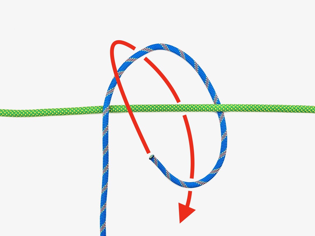 Step 1 of tying the Rolling Hitch knot - detailed visual instruction