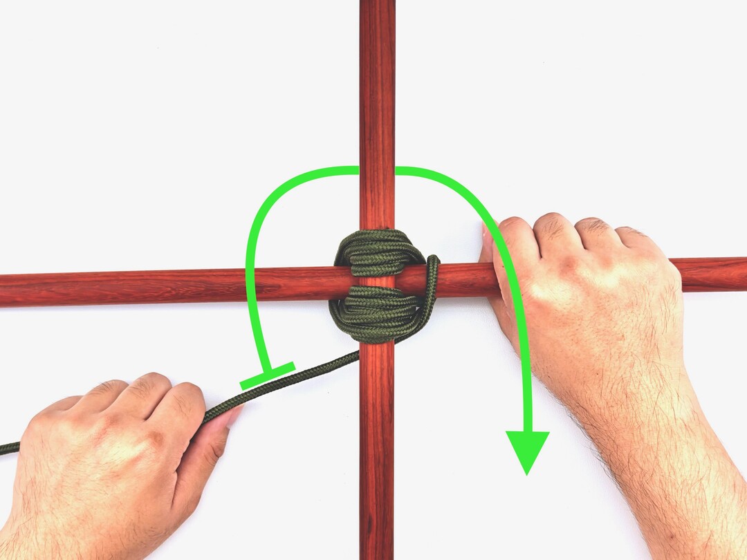 Step 7 of tying the Square Lashing knot - detailed visual instruction