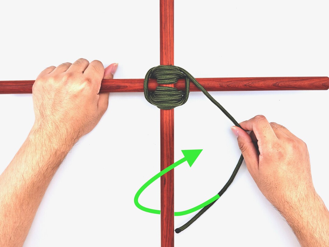 Step 8 of tying the Square Lashing knot - detailed visual instruction